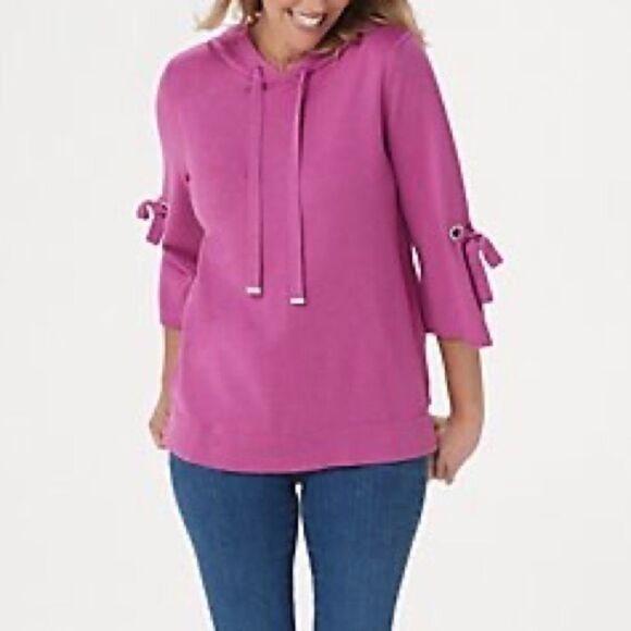 Isaac Mizrahi SOHO 3/4-Sleeve Hooded Tie Sweater - Picture 1 of 6